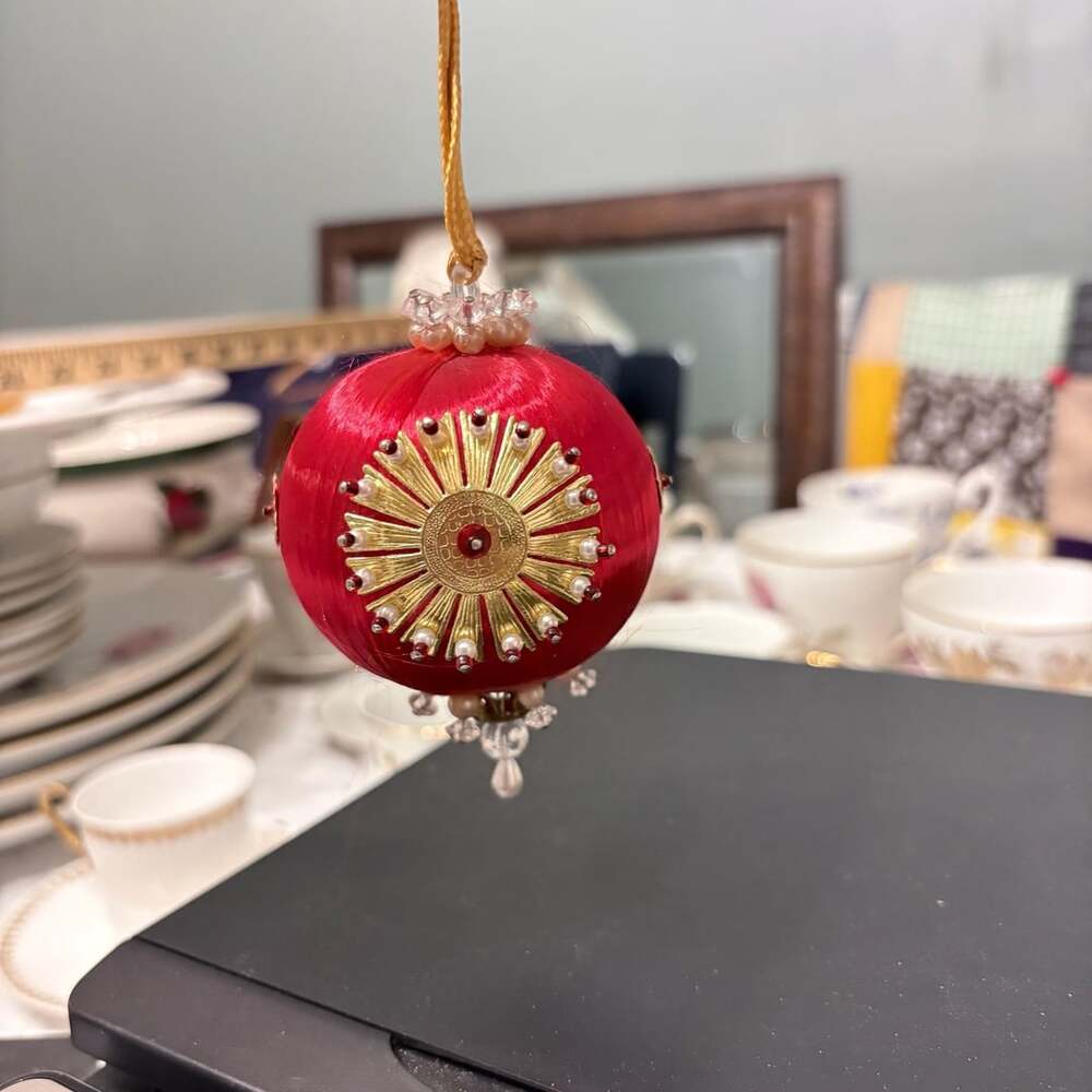 Vintage Beaded Push Pin Ornament Red Satin Gold Medallion Pearl